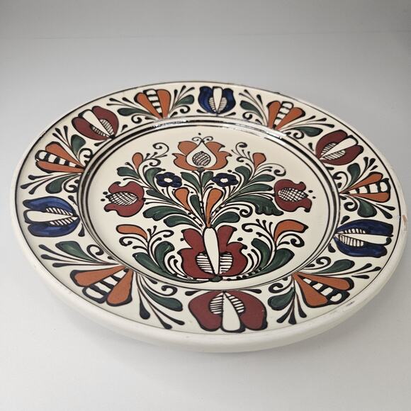 Romanian Hand Crafted Korond Large Glaze Clay Pottery Plate 9.5" Rustic Folk Art - Picture 2 of 8